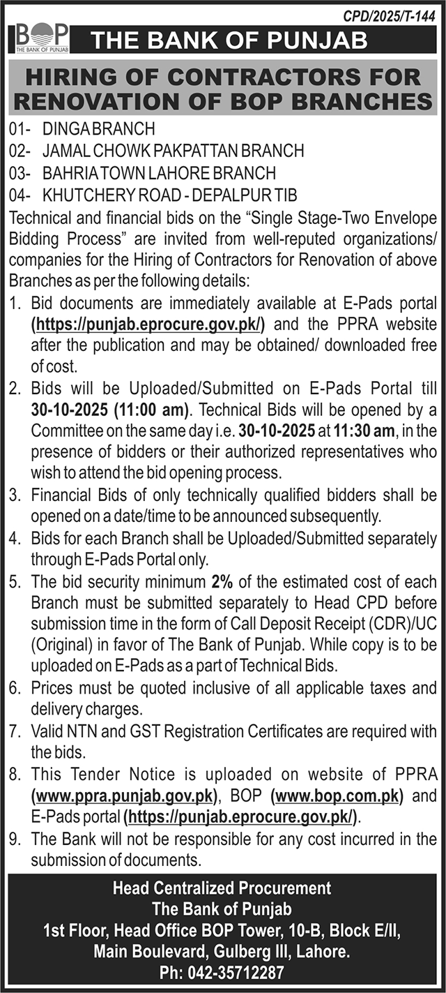 The Bank of Punjab Tender Notice